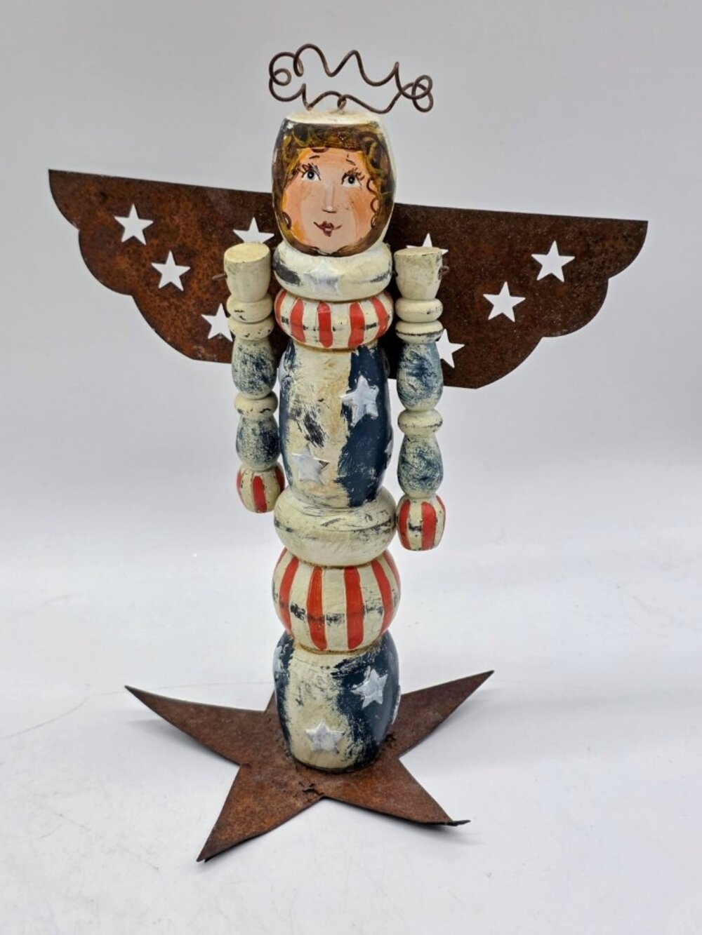 Handmade Rustic Primitive American Patriotic Angle Figure Wood & Metal 4th July